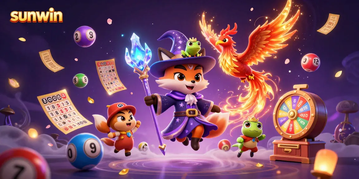 Experience the magic of sunwin with a wizard fox, phoenix, and vibrant lottery elements.