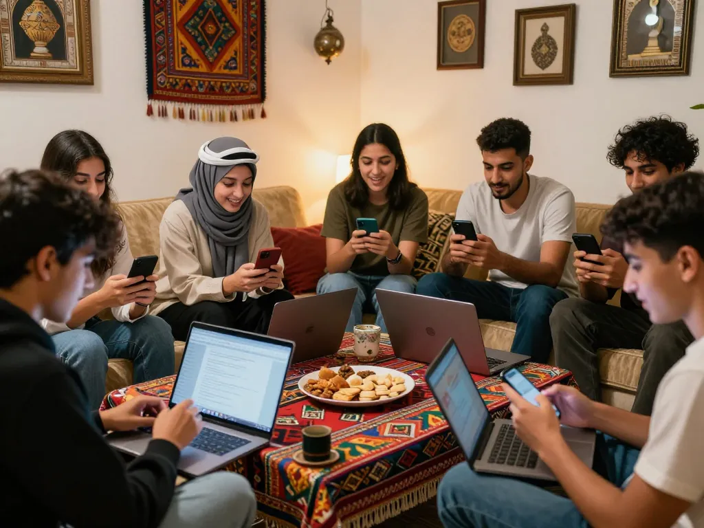 Engaging chat scene showcasing vibrant دردشة فلسطين among Palestinian youth in a warm and cozy environment.