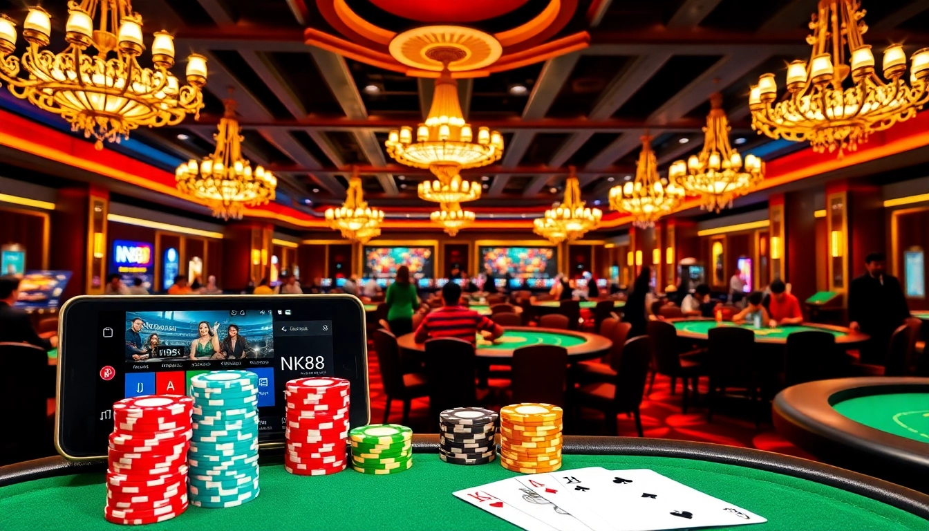 Players engaging with the NK88 casino app amidst a lively gaming atmosphere.