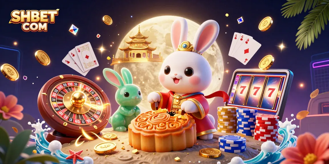 Experience excitement at SHBET COM with a moon rabbit turning mooncakes into poker chips in this vibrant casino scene.