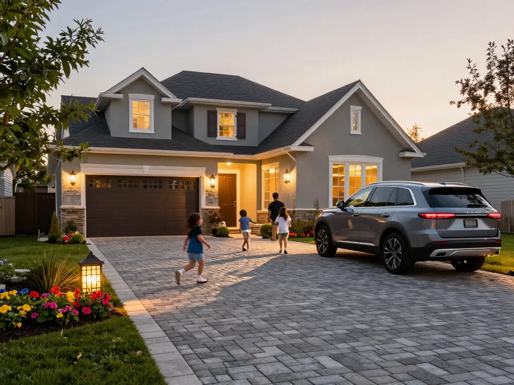 Paver driveway near me leading to a stunning suburban home with family enjoying outdoor space.