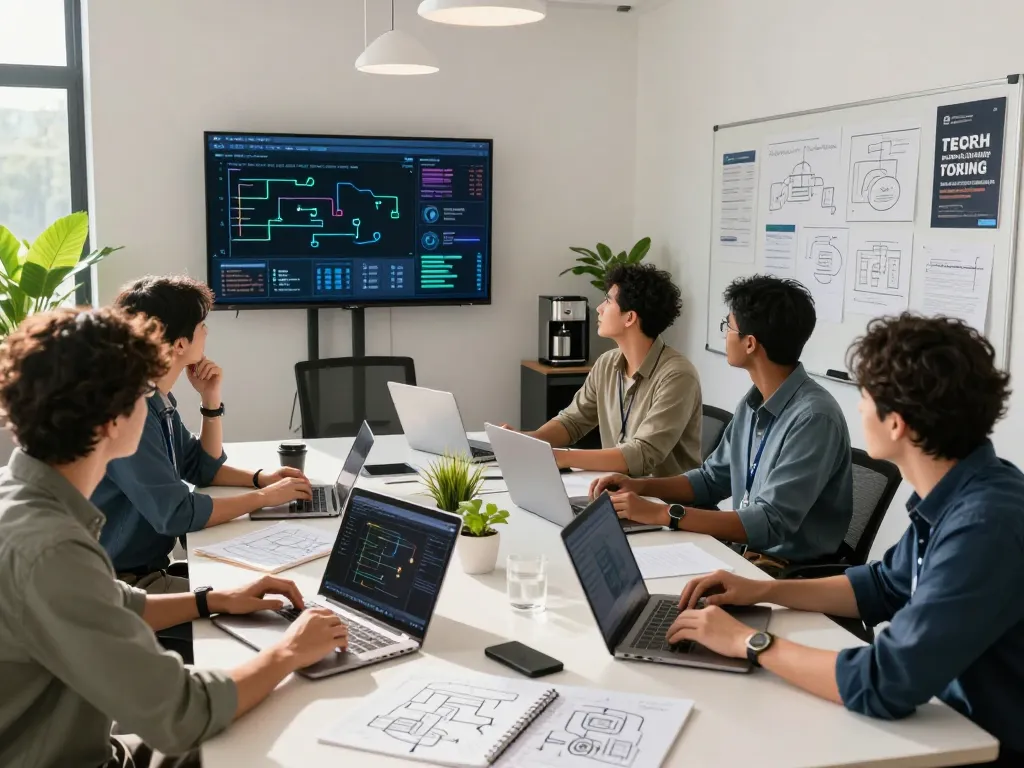 AI automation specialists collaborating in a dynamic workspace, showcasing innovative workflows and dashboards.