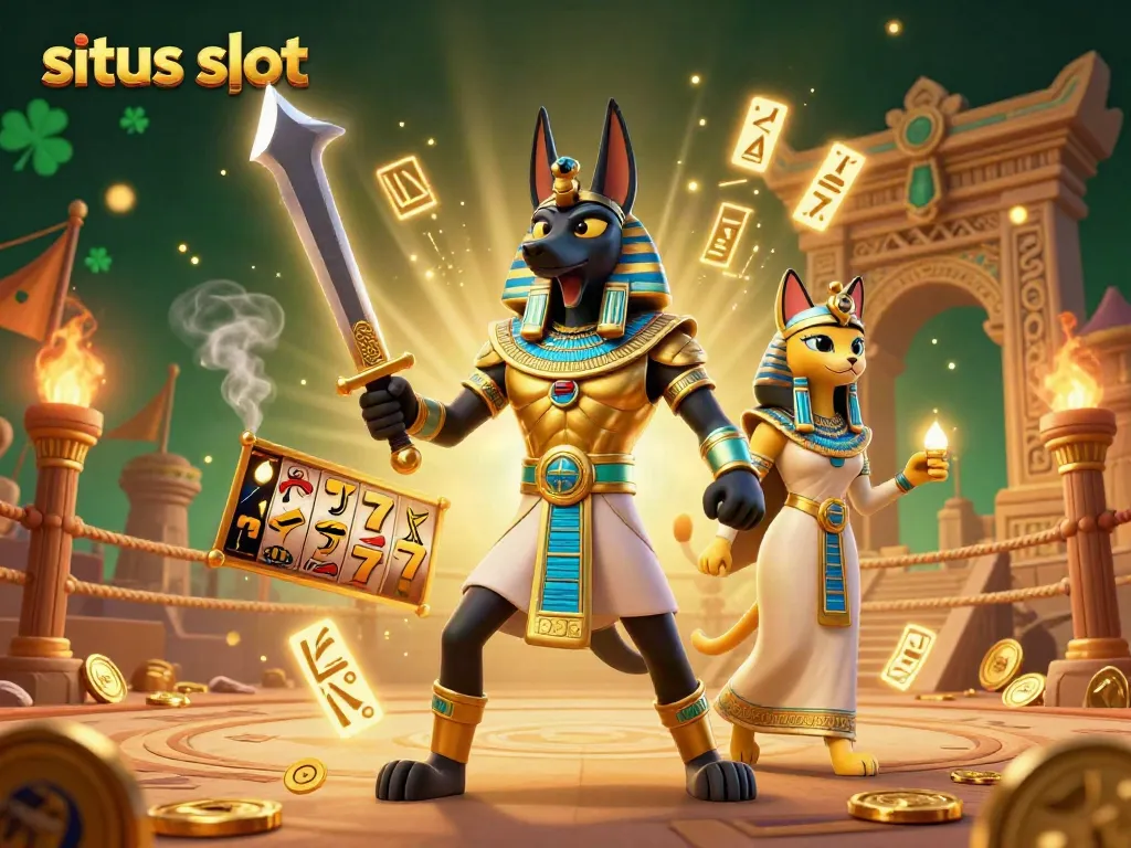 Experience the thrill of situs slot gaming with a vibrant scene featuring Anubis and Bastet amid gold coins and slot reels.
