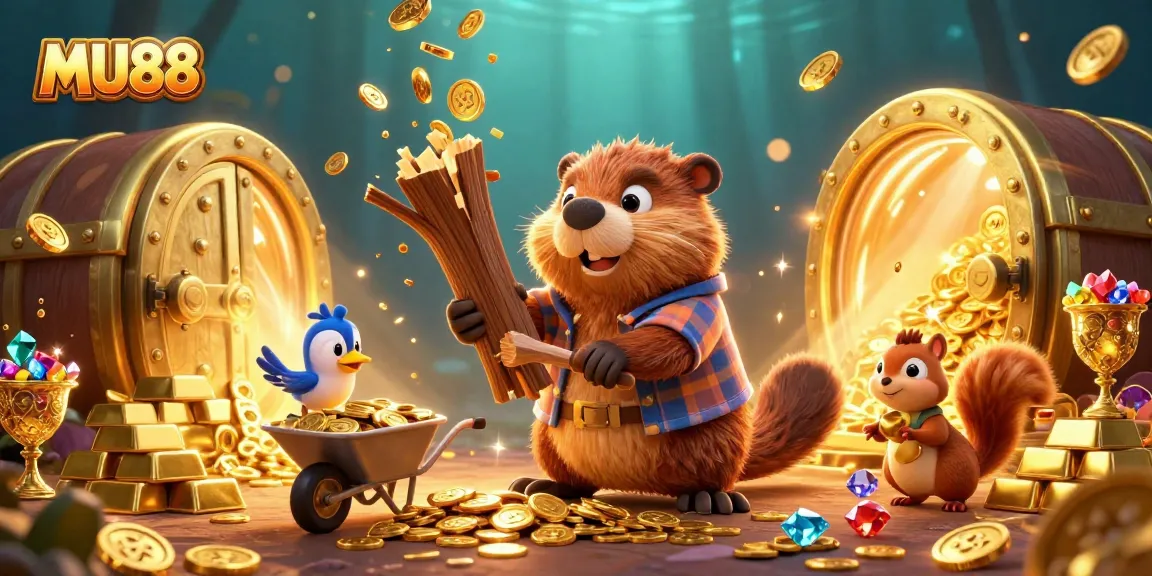 Experience the excitement of MU88’s golden jackpot through charming cartoon characters and a vibrant casino backdrop.