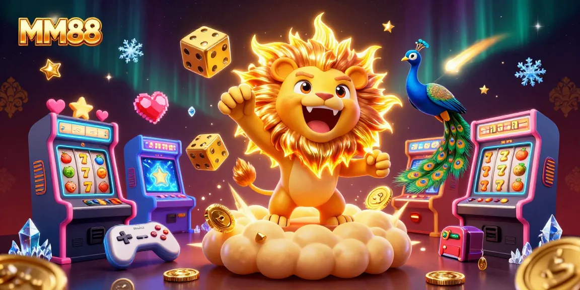 Engaging MM88 illustration featuring a lion and golden dice in a vibrant casino scene