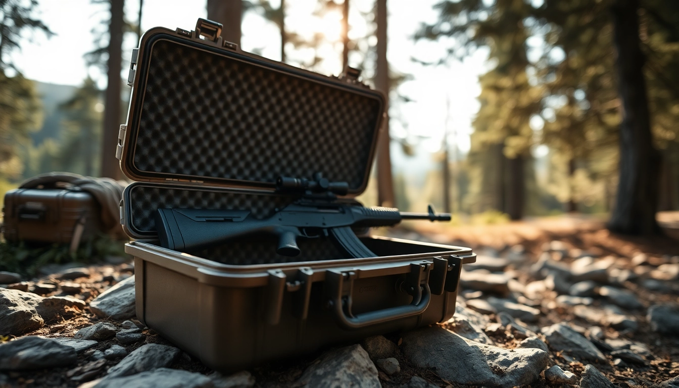 Shop pelican gun case for sale, featuring a rifle safely stored in a rugged outdoor setting.