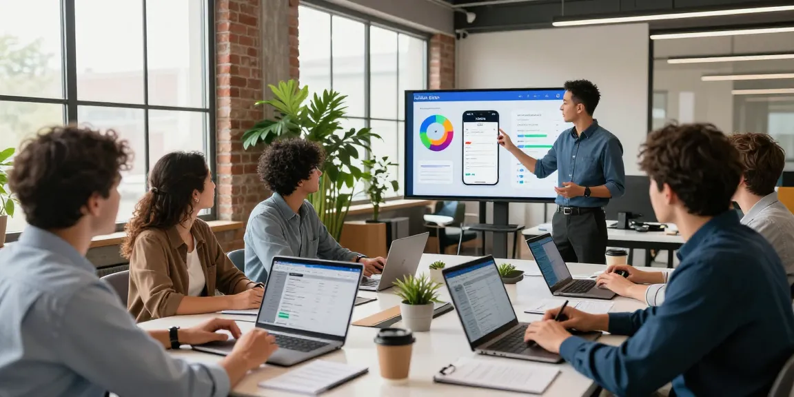 Team collaborating in a vibrant office showcasing an Uber-like service booking platform with analytics on screen.
