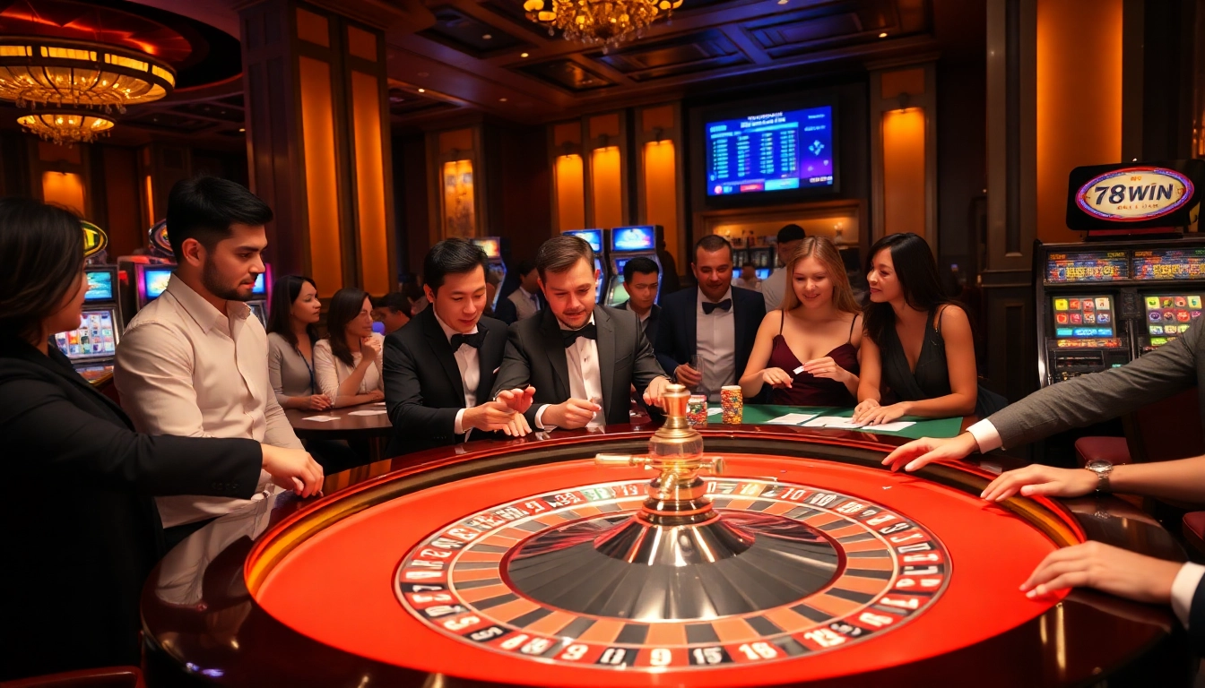 Experience thrilling gaming action at https://78winn.co/ with vibrant casino visuals and excited players.