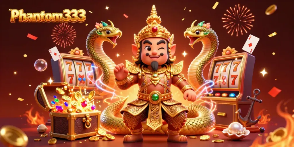 Experience the excitement of Phantom333 with a vibrant casino scene featuring guardian characters surrounded by slot machines and treasures.
