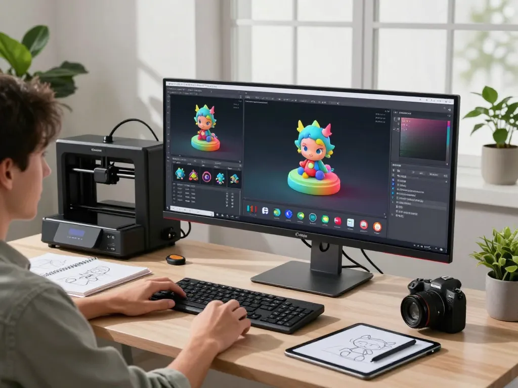 Creative workspace with a user using a 3D Model generator software on dual monitors, showcasing innovative 3D designs.