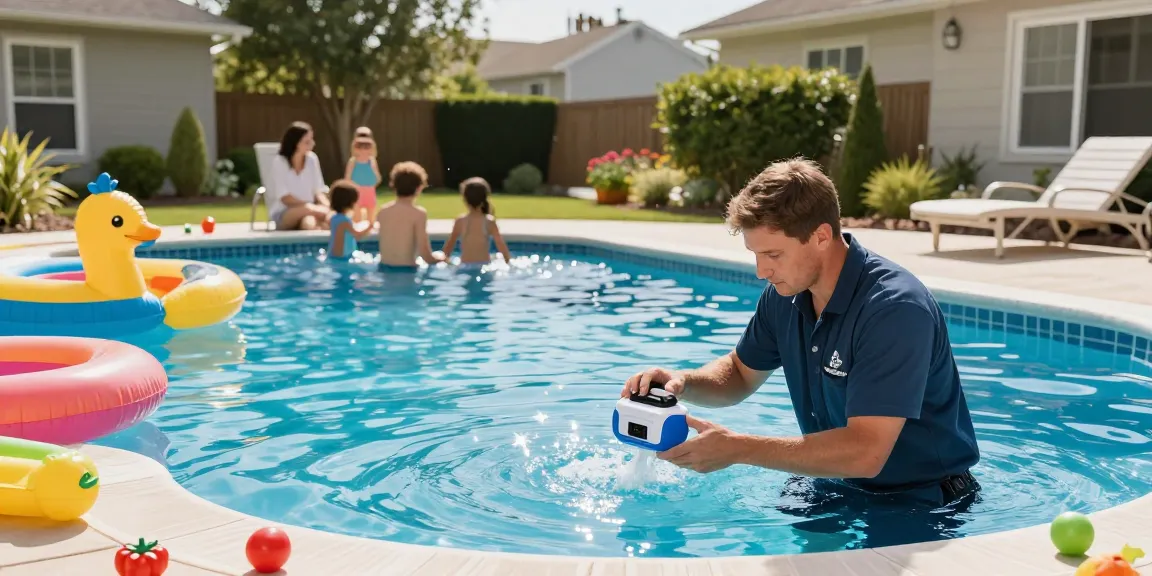 Dolphin Pool Services technician testing pool water in a sunny backyard, showcasing expert care.