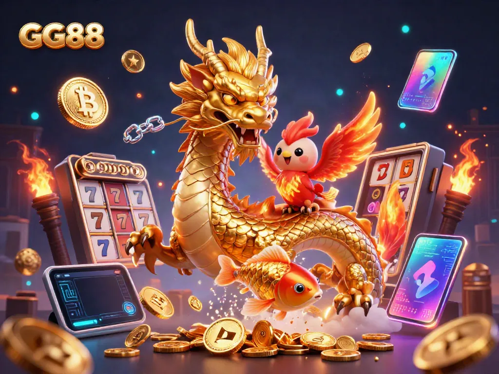 Engage in thrilling gameplay at GG88 featuring a dragon, phoenix, and lucky koi amidst winning symbols.