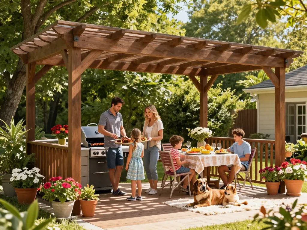 Custom pergola configurator transforming outdoor living with a family enjoying a barbecue under a stylish structure.