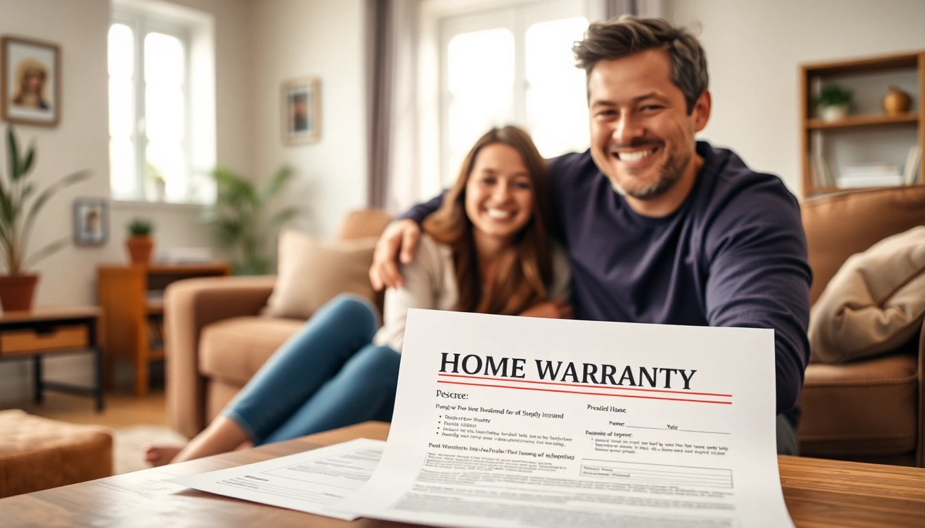 Understanding home warranty options with a relaxed family in a cozy living room.