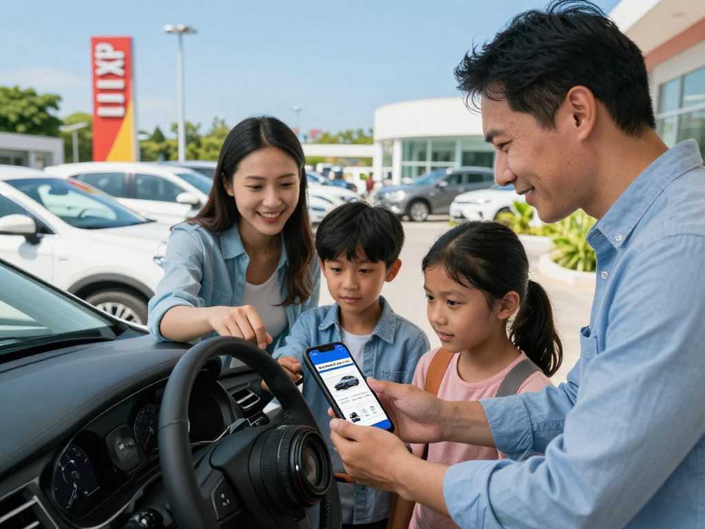 Family inspecting a used car, focusing on the carfax report cheap for informed purchase decisions