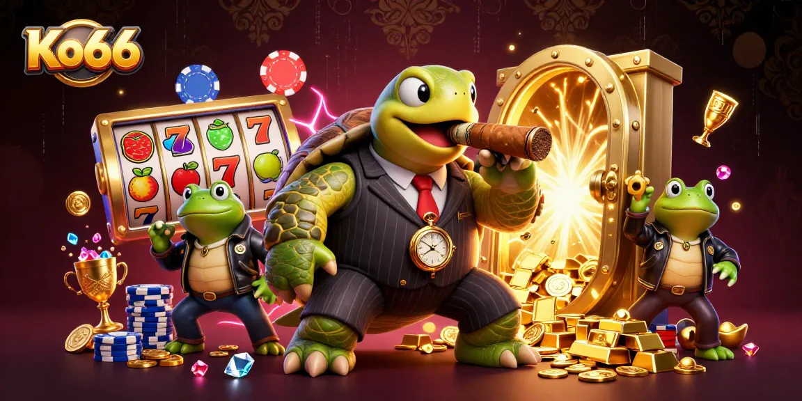 Engage with Ko66's dynamic casino world featuring a snapping turtle and bullfrog enforcers amid slot reels and treasures.