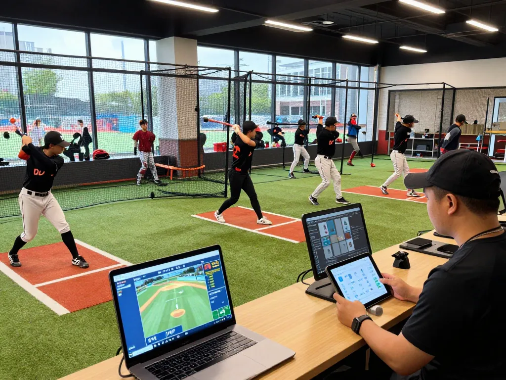 Hitclub athletes practicing baseball swings in modern training facility with performance analytics