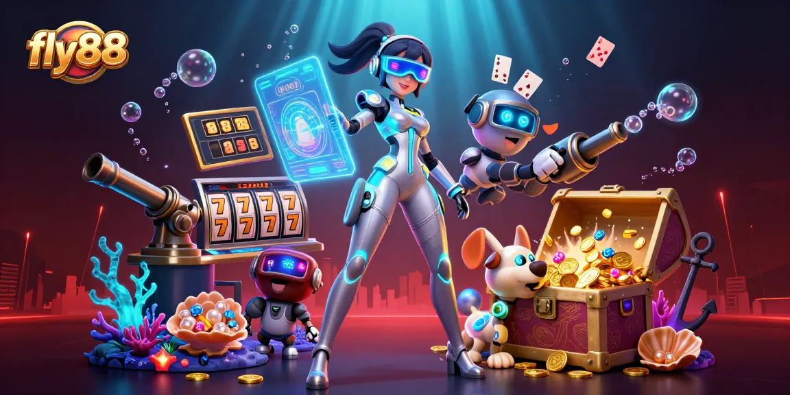 Engaging fly88 gaming scene with a futuristic woman and robot dog amidst neon casino elements.