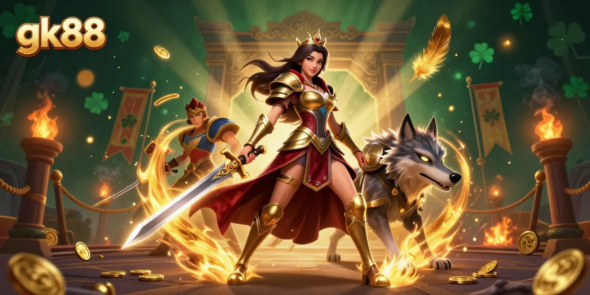 Engage in thrilling gameplay at gk88 with a captivating warrior queen and her loyal wolf companion.