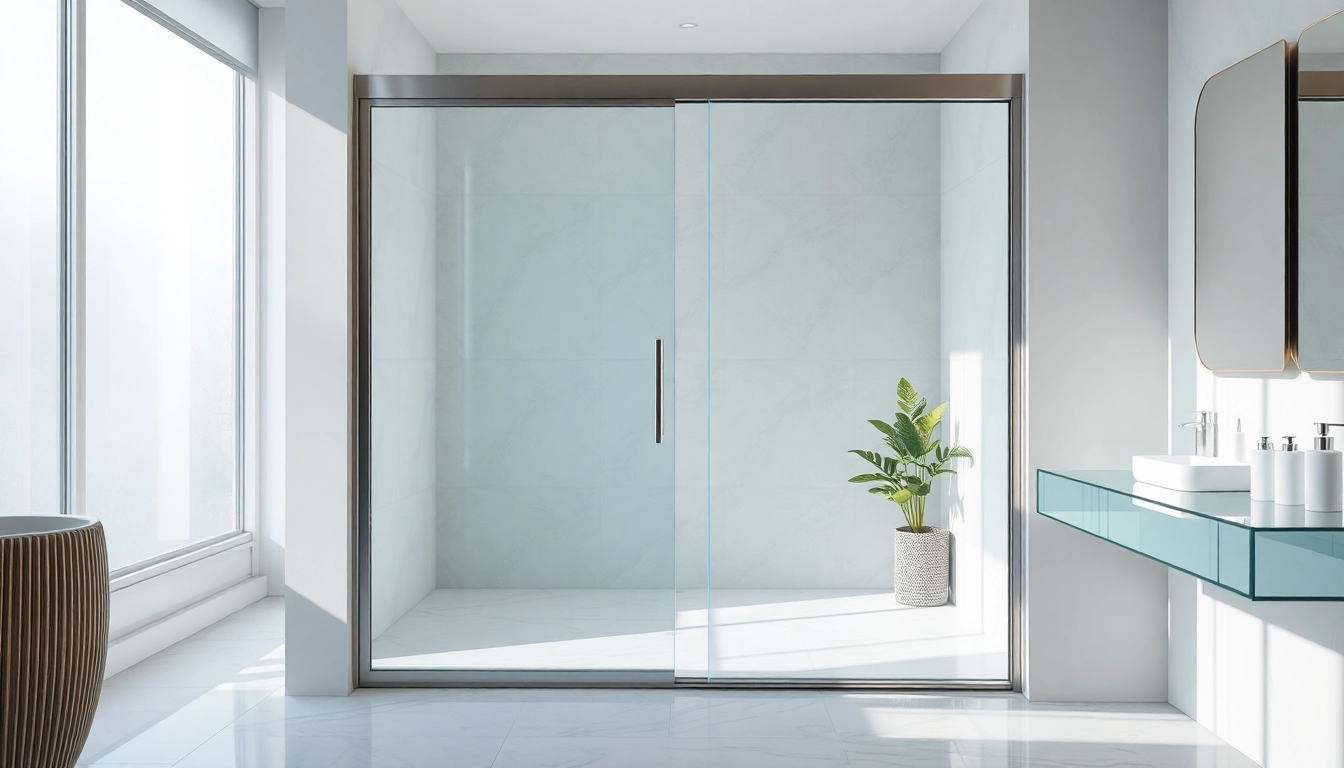 Stylish shower doors sliding in a modern bathroom, showcasing elegant designs and premium materials.