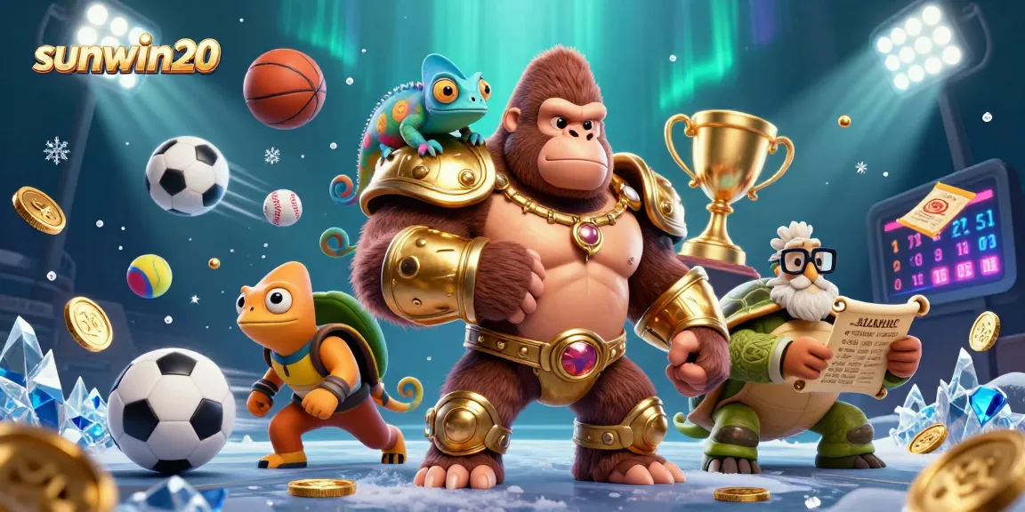 Sunwin20 showcases a dynamic, adrenaline-filled sports betting scene with vibrant characters and elements.