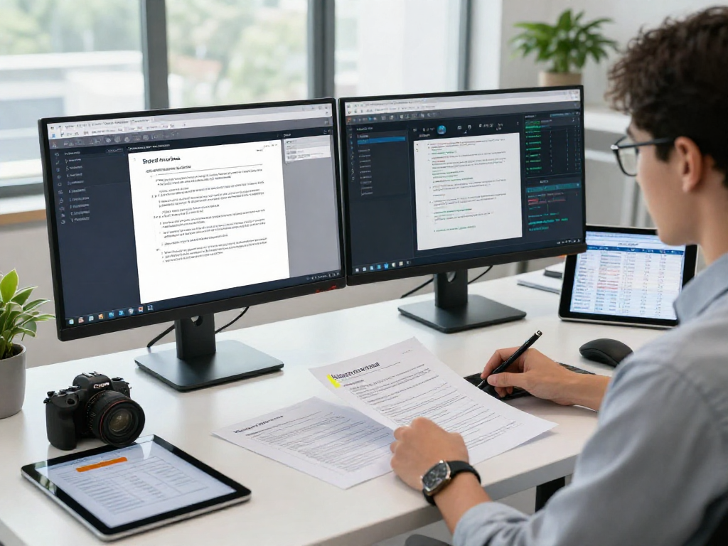 Document fraud detection analysis in a modern office environment featuring a professional at dual monitors and scattered documents.