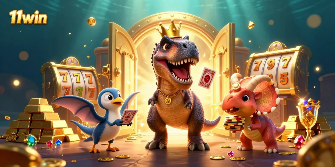 Experience thrilling wins at 11win with a vibrant casino scene featuring playful dinosaurs.