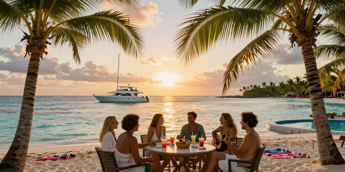 Punta Cana yacht rental with friends enjoying sunset on a luxury yacht, joyful atmosphere, golden hour lighting.
