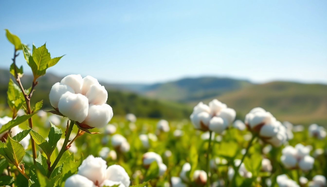Katoenplanten in een zonovergoten veld met zachte bollen klaar voor oogst.