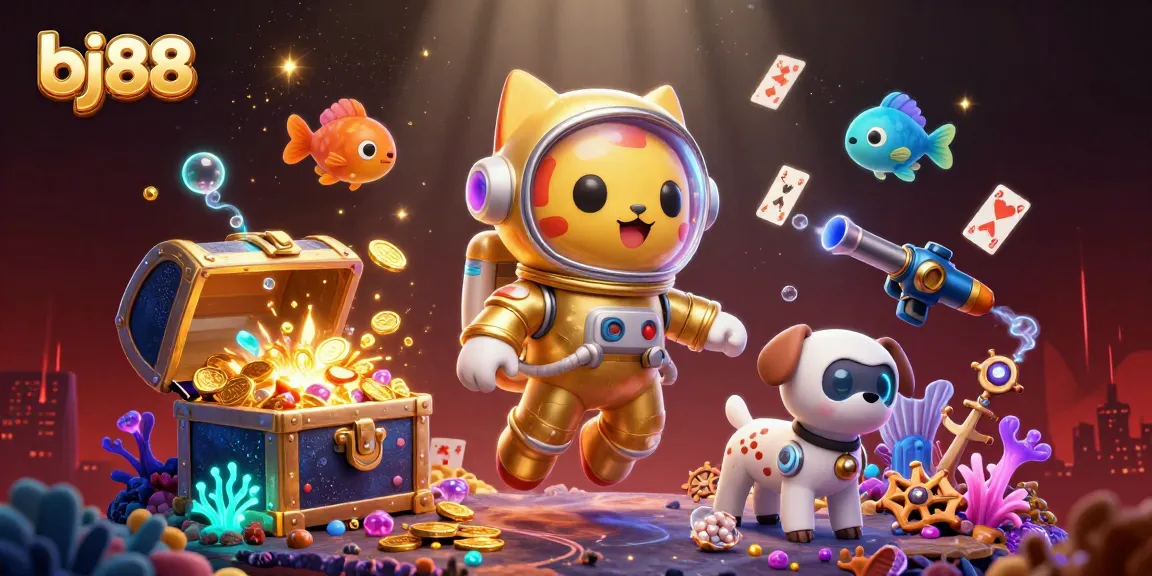 Experience thrill with bj88 in a vibrant casino universe, where space cat and robot dog play amid floating cards and treasure.