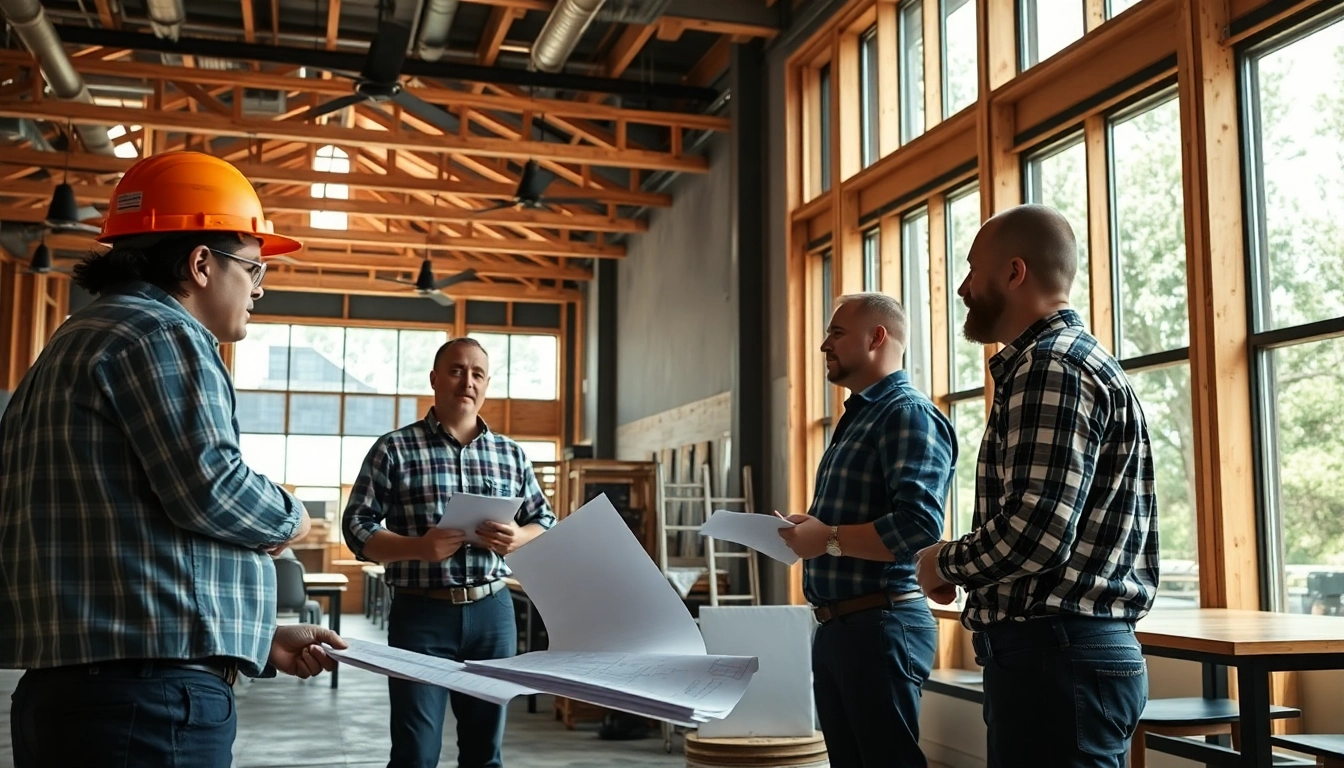 Restaurant buildout contractor Austin reviewing plans with team in a bright, modern construction setting.