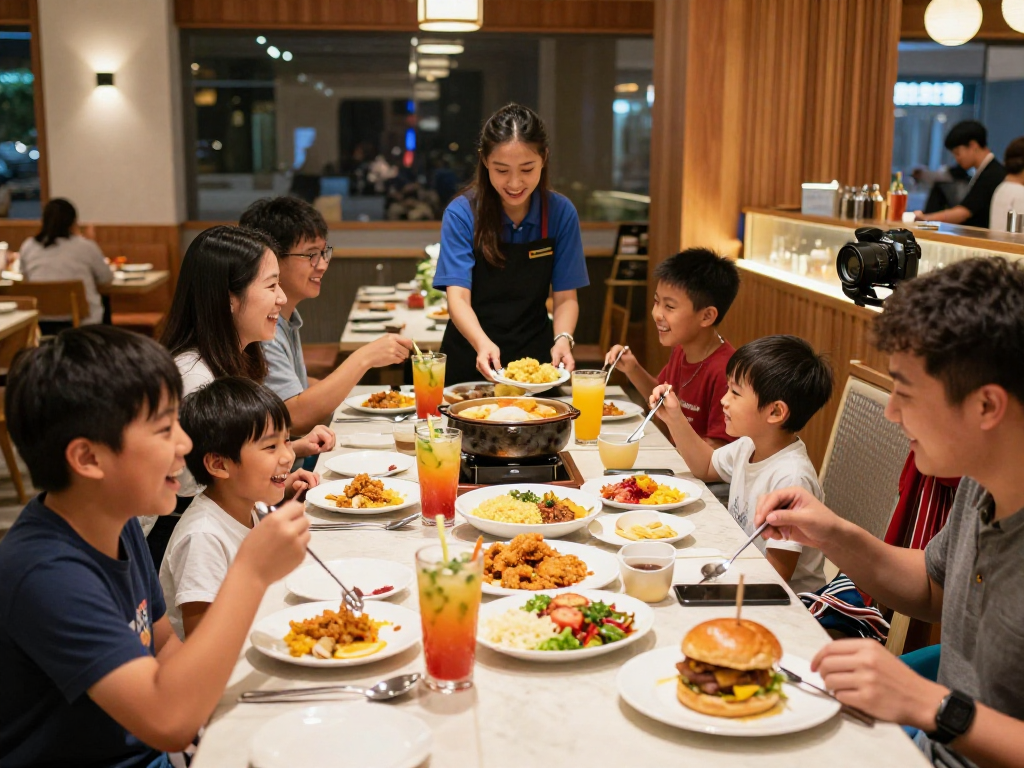Families enjoying diverse meals at ROKOK88 restaurant, fostering joyful dining experiences.