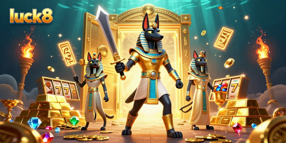 Experience thrilling luck8 adventures with Anubis and treasures in a vibrant casino setting.