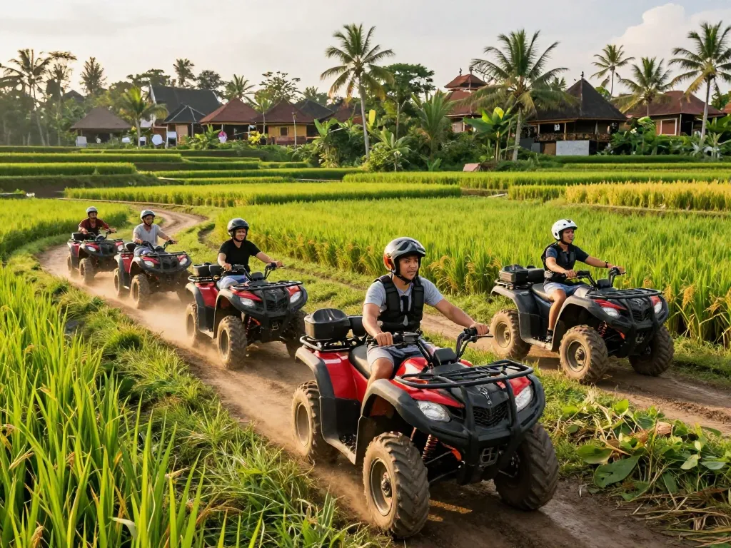 Book Bali tour packages with friends enjoying an exhilarating ATV adventure through lush rice fields in Bali.