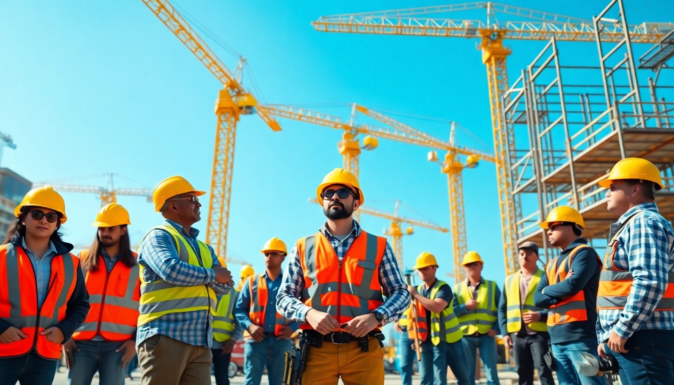 Showcasing construction labor compliance with diverse workers in a dynamic construction scene.