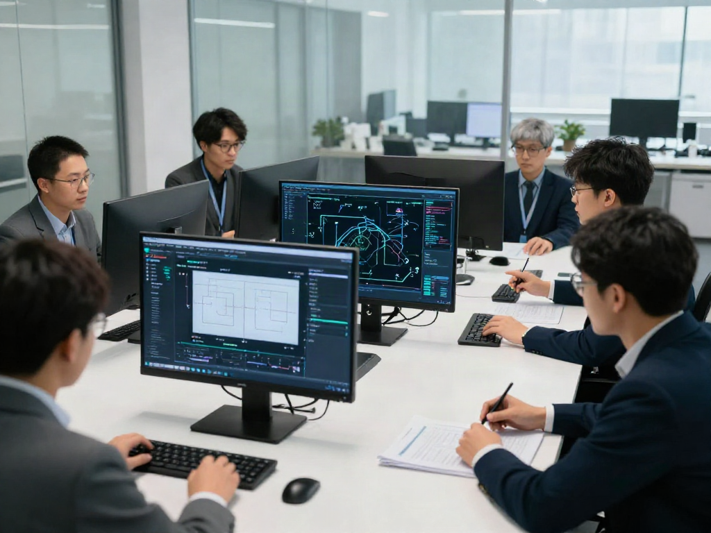 Network penetration test in a high-tech office with cybersecurity experts analyzing vulnerabilities in real-time.