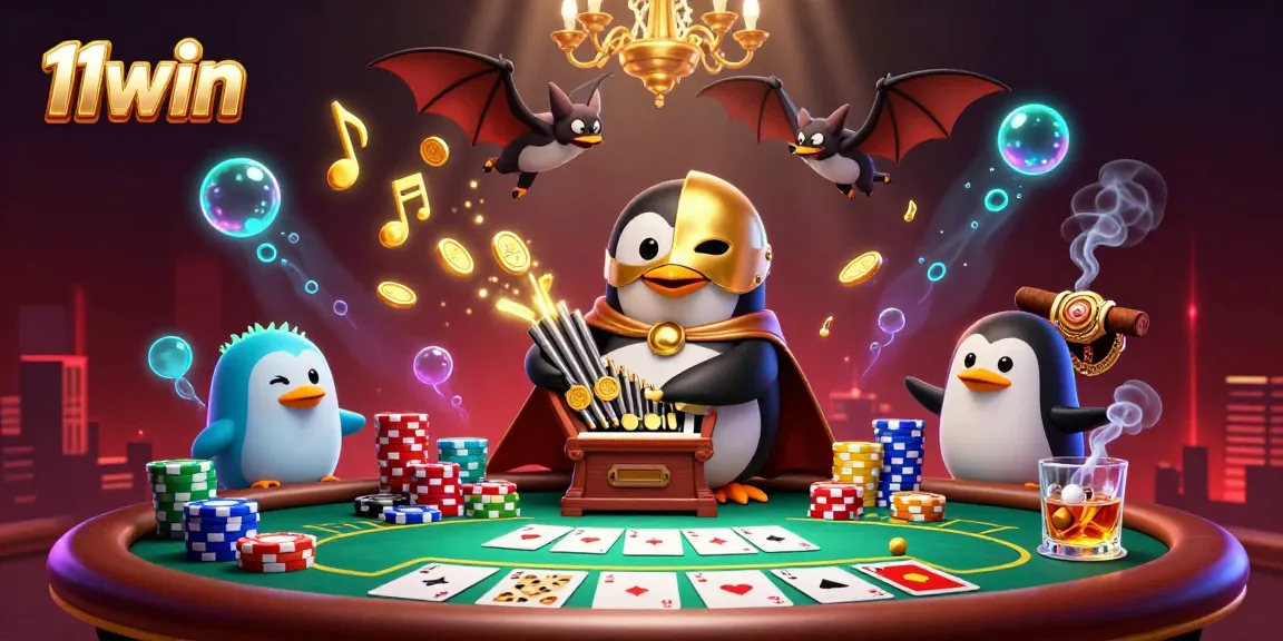Play vibrant games at 11win with a cartoon penguin organist and poker elements!