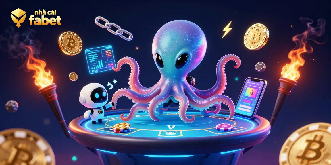 Engage with nhà cái fabet at a vibrant poker table managed by an alien octopus in a cosmic setting.