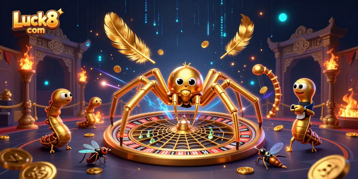Experience exciting gameplay at Luck8 com with a golden spider, roulette wheel, and centipede croupier in a vibrant casino scene.