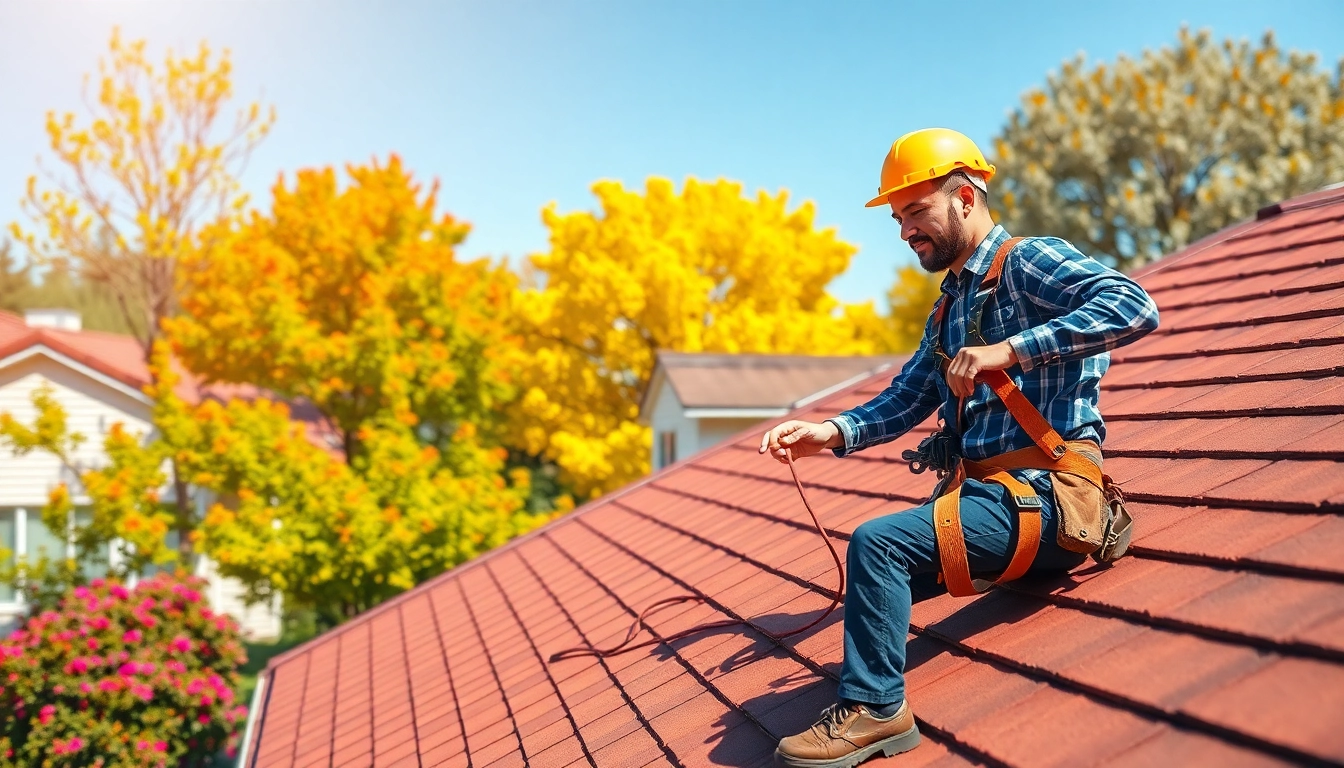 Roofing contractor inspecting shingles on a residential roof, ensuring quality work.