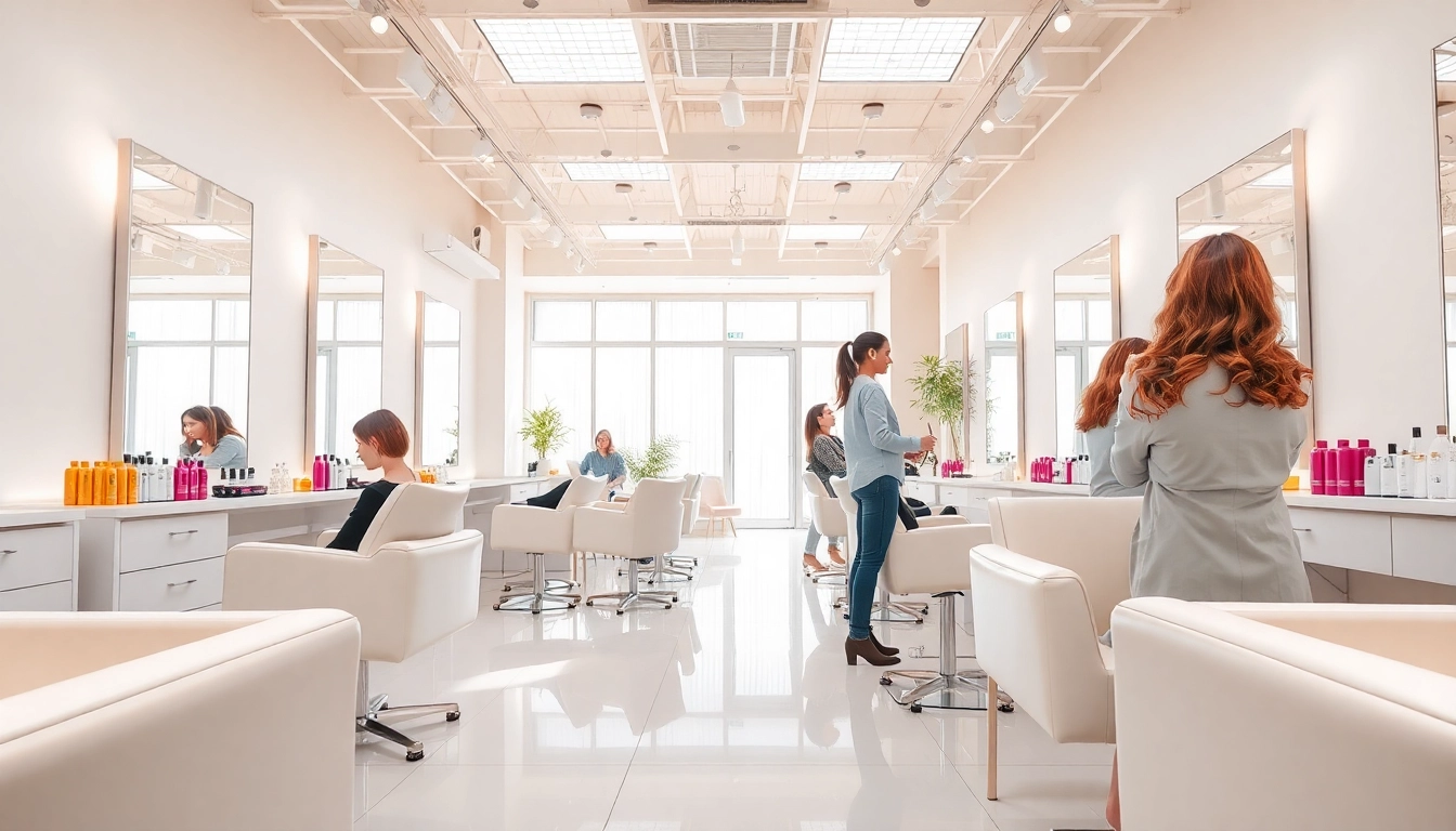 A lively moment in an award-winning hair salon showcasing expert stylists and elegant interiors, perfect for beauty services.