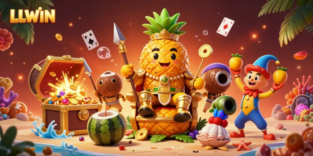 LLWIN showcases a vibrant 3D casino scene featuring playful characters amidst golden treasures and game elements.