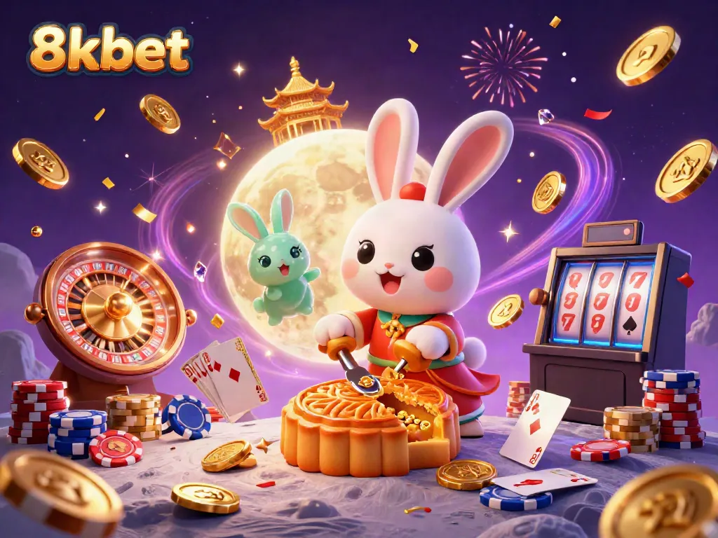 Experience online gaming excitement with 8xbet's vibrant 3D illustration featuring a moon rabbit and casino elements.
