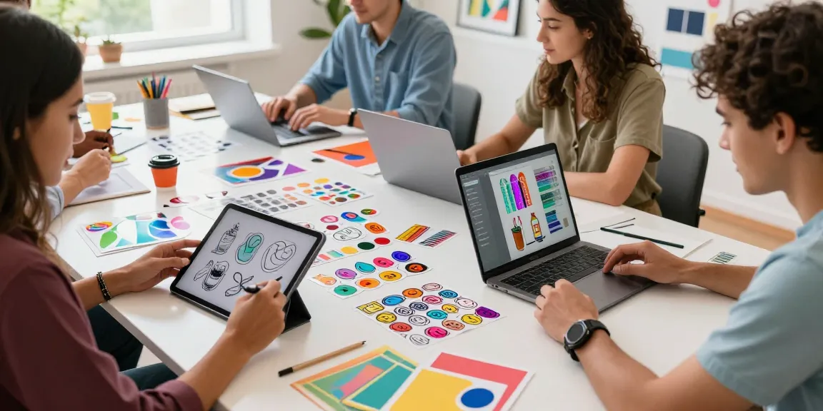 Designers creating custom stickers in a bright collaborative workspace with colorful designs and tablet mockups.