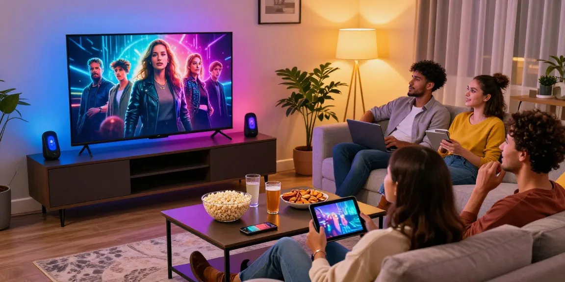 Pikashow APK streaming lounge scene with friends enjoying movies in a vibrant living room.