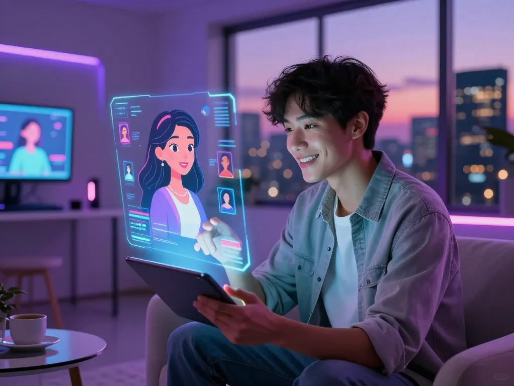 Exciting interaction with an AI gf in a futuristic digital environment.