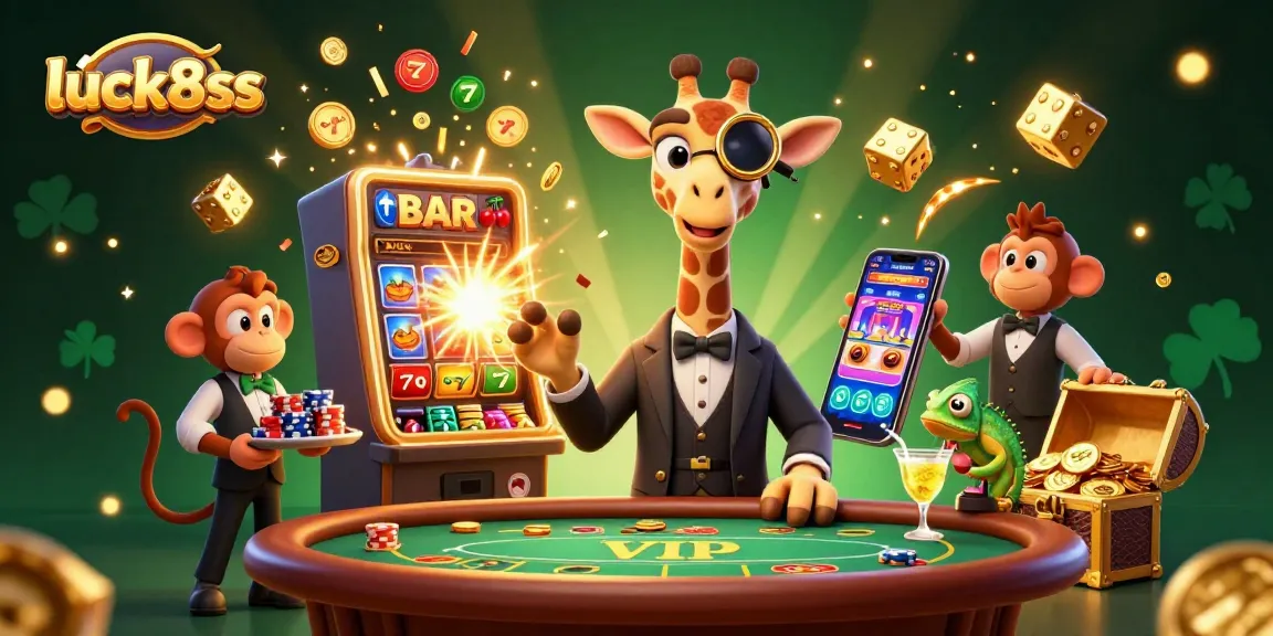 Experience luck8ss at this vibrant casino scene highlighting a high-roller giraffe enjoying poker.