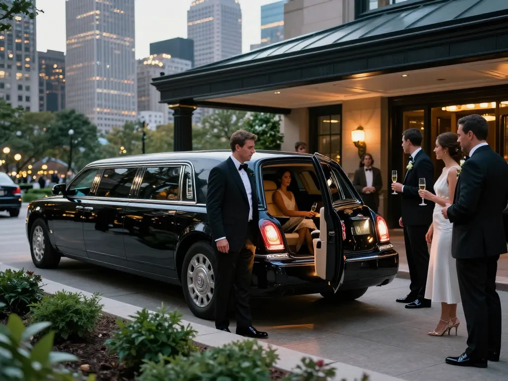 Luxury limousine service in Chicago with chauffeur welcoming guests at an upscale venue, showcasing sophistication and elegance.