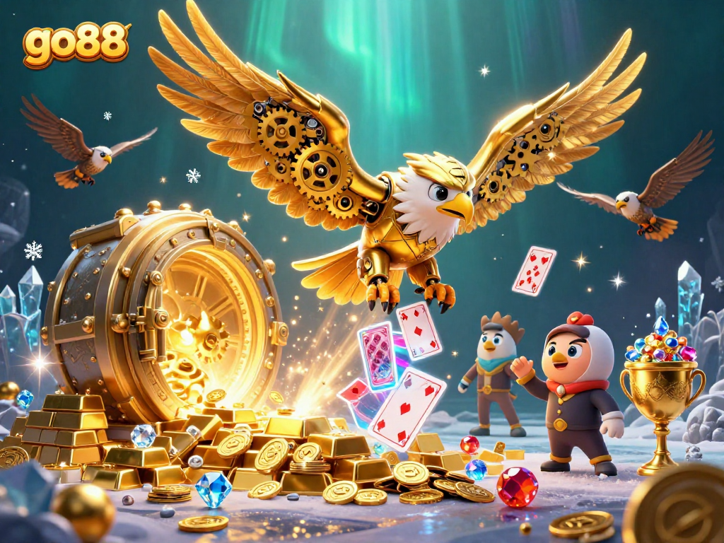 Experience the excitement of go88 with a golden eagle diving through casino treasures and holographic cards.