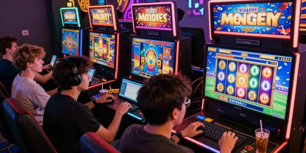 situs slot players enjoying online games on laptops and mobiles, vibrant slot themes and engaging environment